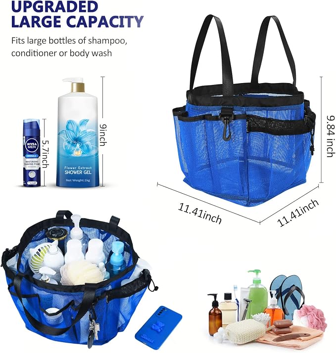Moyad Large Mesh Shower Caddy Bag for College Dorm Room Essentials with 8 Pockets, Hanging Portable Shower Tote Bag Travel Shower Caddy Basket Toiletry Accessories for Bathroom, Klein Blue