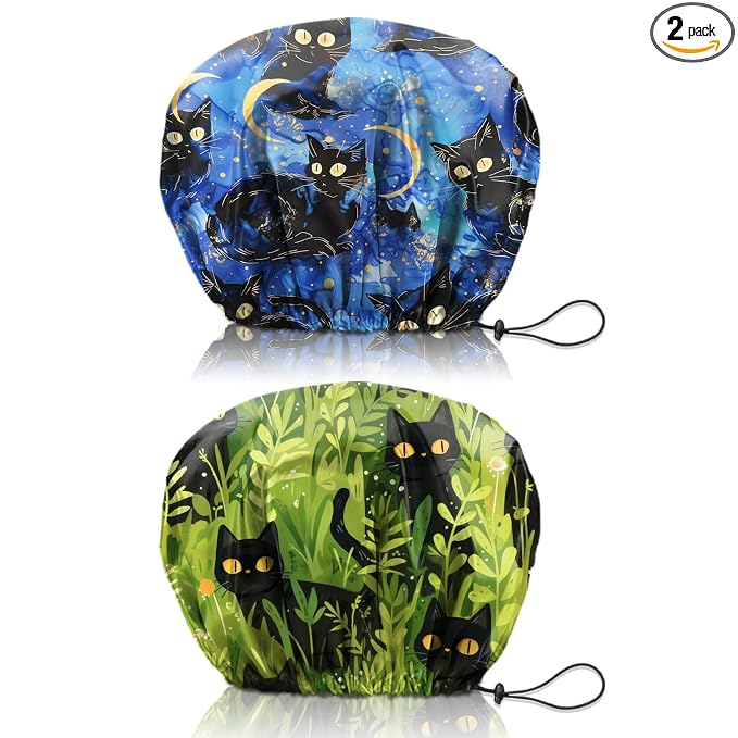 2 PCS Shower Cap Reusable Waterproof Double Layers Hair Caps Shower Bath Adjustable Elastic Hat for Women Girls Cute Aesthetic-Black Cat
