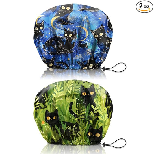 2 PCS Shower Cap Reusable Waterproof Double Layers Hair Caps Shower Bath Adjustable Elastic Hat for Women Girls Cute Aesthetic-Black Cat