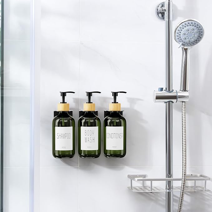 VITVITI Shampoo and Conditioner Dispenser 3 Chamber Shower Wall, Dark Green | Refillable Body Wash Shower Soap Dispenser Wall Mounted, Drill Free 17oz Plastic Shower Bottles for Bathroom, 3 Sets