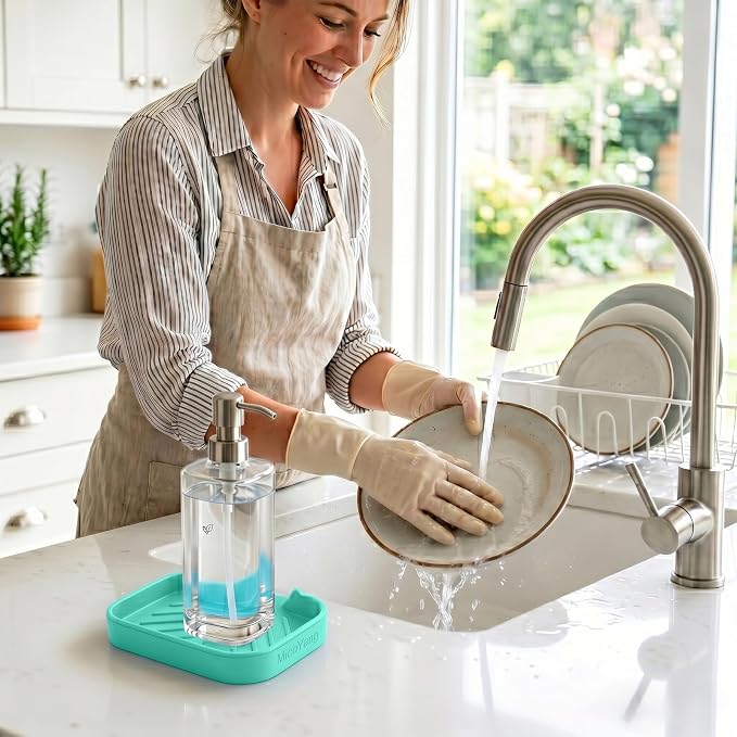 MicoYang Silicone Soap Dish with Drain Spout, Self-Draining Sink Organizer Tray for Bathroom and Kitchen, Sponges, Dispensers & Soap Holder, Non-Slip & Dishwasher Safe, Navy Blue (Compact, 4.9"×3.2")