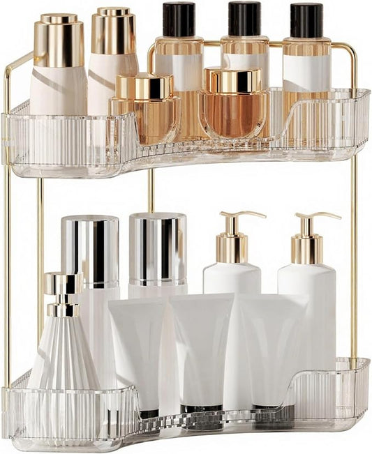 YCIA&DONE Corner Bathroom Counter Organizer, Makeup Organizer for Vanity, Skincare Cosmetic Perfume Tray, Corner Countertop Shelf Rack Storage for Bathroom Kitchen 2 Tiers (Clear White)