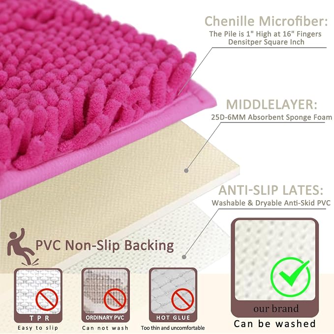 Bathroom Rugs Sets 3 Piece Non Slip,Bath Rugs with PVC Backing Bath Carpet,Bathroom Rug Washable,Absorbent,Plush Carpet Mats,Bath Mats for Bedroom, Kitchen,Tub,Home Decor(Rose red)
