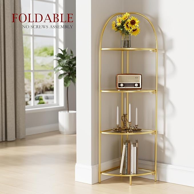 Crofy Foldable 4 Tier Corner Shelf, Metal Corner Plant Stand with Gold Frame and Transparent Shelves, Corner Display Rack Multipurpose Shelving Unit for Living Room, Bedroom, Bathroom