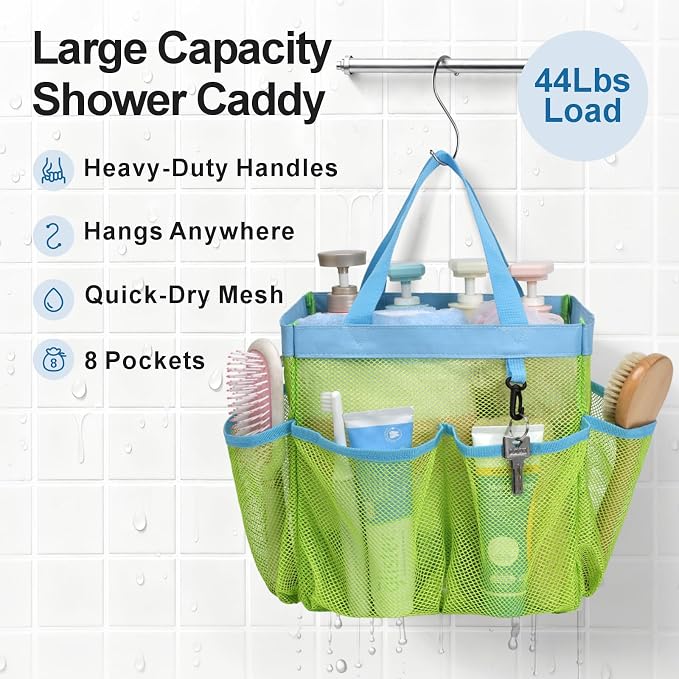 F-color Mesh Shower Caddy Portable, Upgrade Deeper 7 Pockets Shower Bag Basket Bag Tote for College Dorm Room Toiletry Bathroom Essentials Gym Camp Quick Dry 2 handles with S Hook