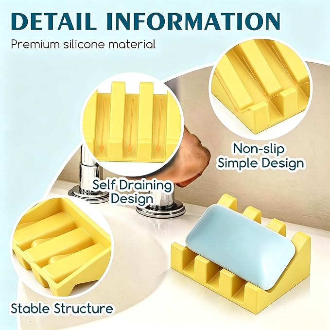 Self Draining Silicone Soap Dish Holder Waterfall Tray, 1 Pack Yellow | Waterfall design drains fast to keep soap dry, non-slip silicone base anti slide, soap saver for bathroom & kitchen
