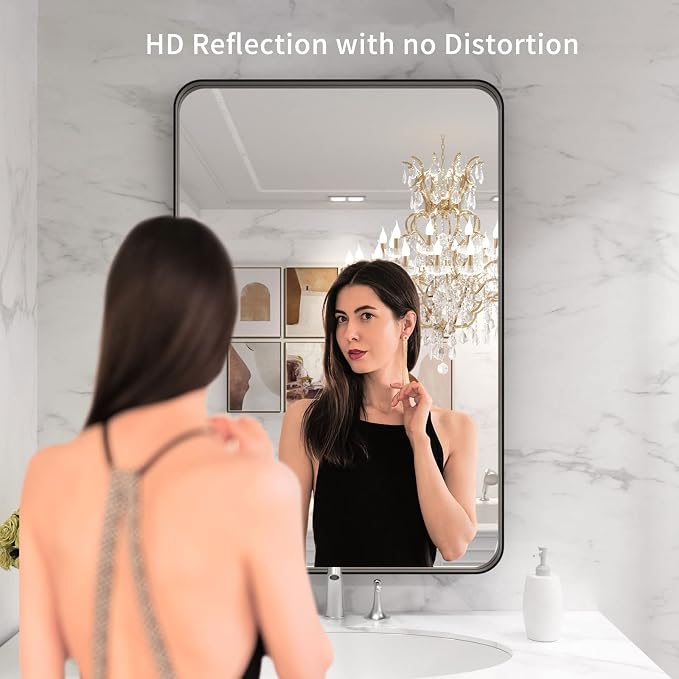 LOAAO 28X36 Inch Black Bathroom Mirror Metal Framed | Matte Black, Rounded Rectangle, Anti-Rust, Hangs Horizontally or Vertically