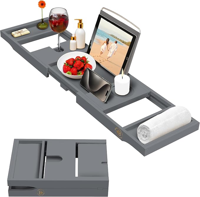 Bathtub Tray for Tub - Grey Bamboo Bath Caddy Tray, Expandable Wood Bathtub Caddy with Wine Glass Holder, Book and Tablet Stand, Bath Accessories, Spa Tub Table, Relaxation Gifts for Women and Mom