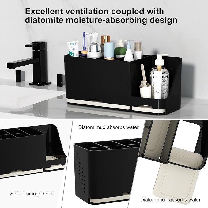 Large Electric Toothbrush Holder - 8 Slots with Quick-Dry Diatomite Base, Fits Sonicare & All Major Brands, Bathroom Countertop Organizer (Black)