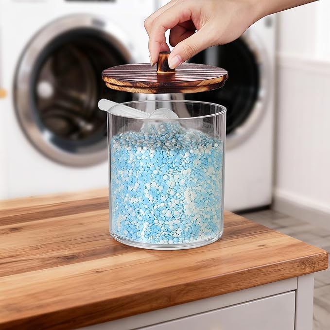 SheeChung 2 Pack 50 Oz Dark Wood Lid Large Apothecary Jar - Rustic Farmhouse Laundry Room Decor - Container for Bathroom Organization - Clear Storage Canister for Scent Beads & Salts