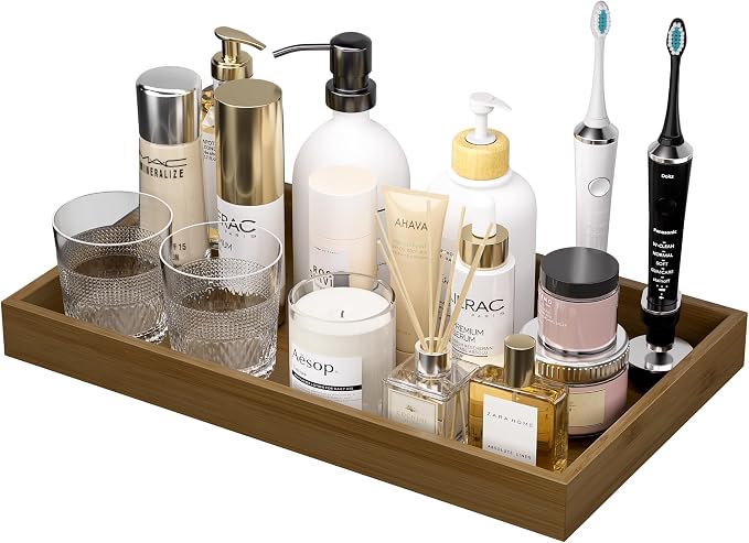 ZHWS Bathroom Vanity Tray for Countertop Perfume Makeup Jewelry Candle Decor, Kitchen Tray for Soap Dispenser Spice Salt, Large Tray for Toilet Tank Paper, Serving Nightstand Brown 13”x6.5”