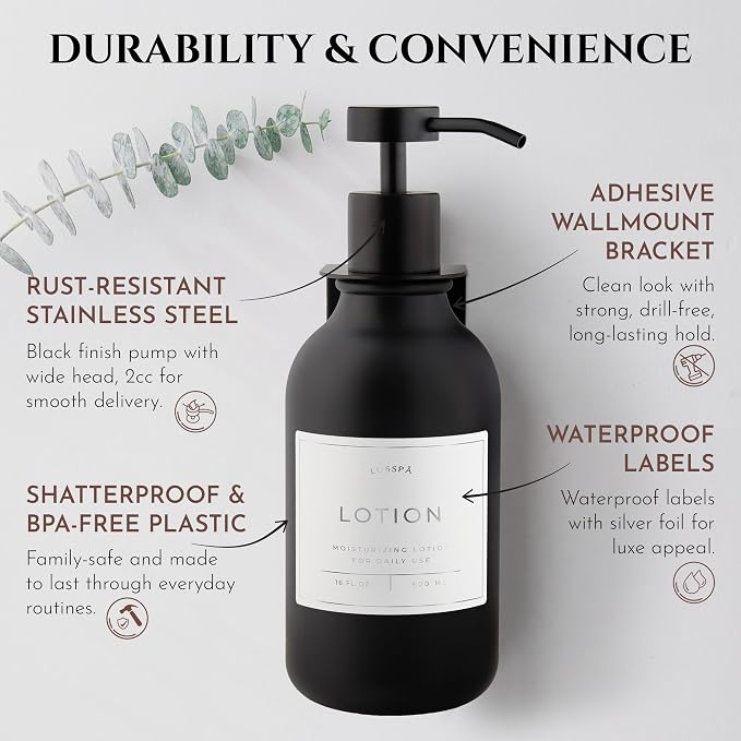 Shower Shampoo Dispenser Wall Mounted – Refillable 16.9 oz Black Bottle with Stainless Steel Pump & No-Drill Adhesive Holder – Soap Dispenser for Bathroom (1 X Black)