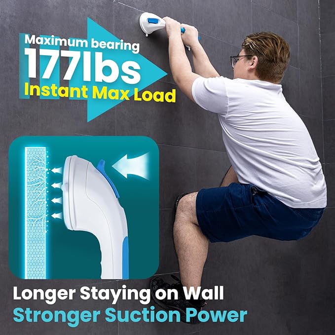 TAILI Shower Grab Bar Glow in The Dark, 16.8 in Grab Bars for Bathtubs, Shower Handles Bath Rails for Seniors and Elderly, Bathroom Safety Grip Removable No Drilling Waterproof Blue,G9
