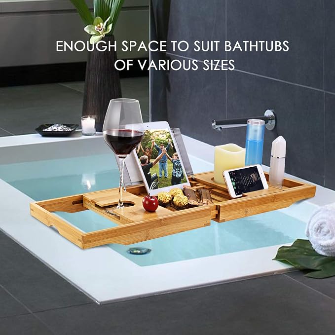 Moclever Bathtub Caddy Trays - Premium Bamboo Bath Trays with Extending Sides, Reading Rack, Tablet Holder, Cell Phone Tray and Luxury Wine Glass Holder - Natural Bamboo Color