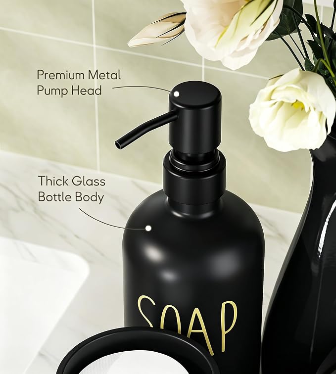 6Pcs Black Glass Bathroom Accessories Set with Tray, Bathroom Counter Set | Toothbrush Holder, Lotion Dispenser, Qtip Container, Vanity Tray, Tumbler- Elegant and Functional Décor Set