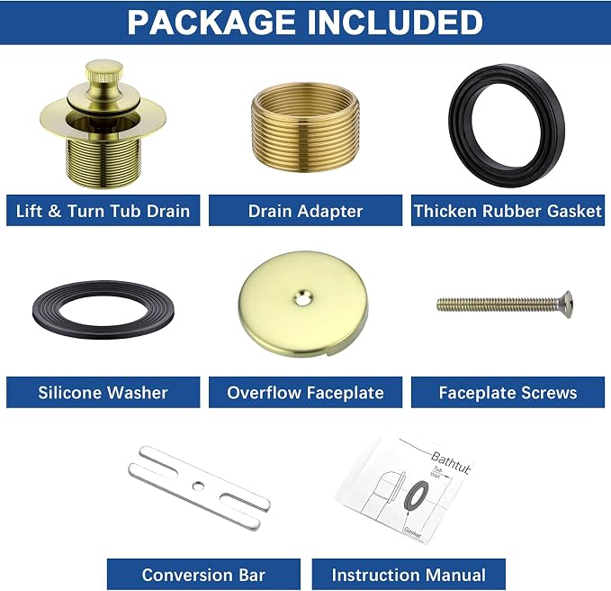Brass Bathtub Drain Kit, Lift and Turn Tub Drain Kit with Overflow Faceplate, Brushed Gold
