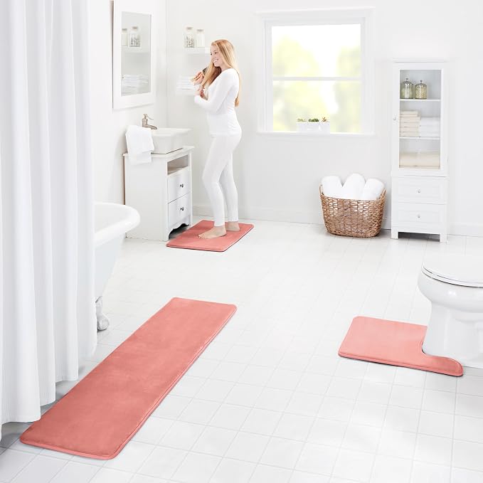 Memory Foam Bath Mat Non Slip Absorbent Super Cozy Velvet Bathroom Rug Carpet (22 inches X 36 inches, Peach)