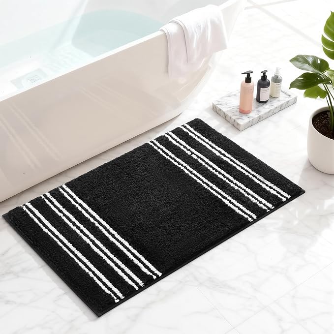 Kmson Bathroom Rugs Mat, 20"x32" Ultra Soft Washable Shaggy Chenille Bath Rugs, Non-Slip Fluffy Thick Water Absorbent Microfiber Mat for Bathtub, Sink and Shower, Black