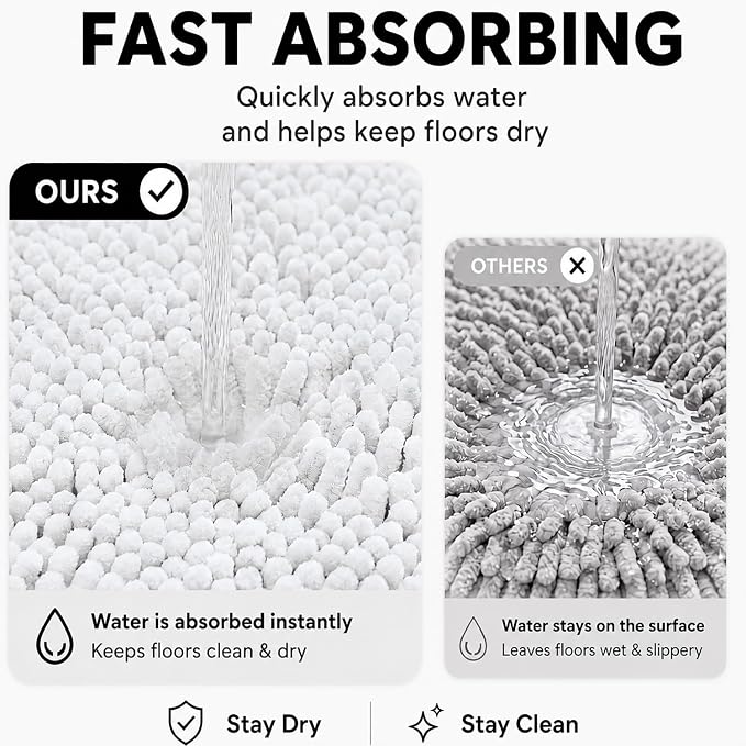 Bathroom Rugs Sets 2 Piece,Super Absorbent Soft,Thick,Machine Washable Chenille Bath Mat,Non Slip Toilet Floor Rug,Bath Mats for Bathroom,20x32 Plus 20x20 U Shape,White