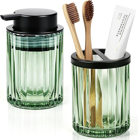 2 Pcs Soap Dispenser and Toothbrush Holder Set, Green | Glass Bathroom Accessories Set, Bathroom Counter Set, Countertop Vanity Organize, Sleek Organizer for Modern Bath Decor