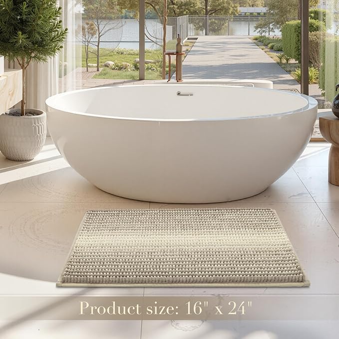 Bathroom Rugs, 17x24 Chenille Bath Mats, Sand | Extra Soft Absorbent, Non Slip Striped, Quick Dry Machine Washable, Shower Rug for Bathroom Bedroom Decor