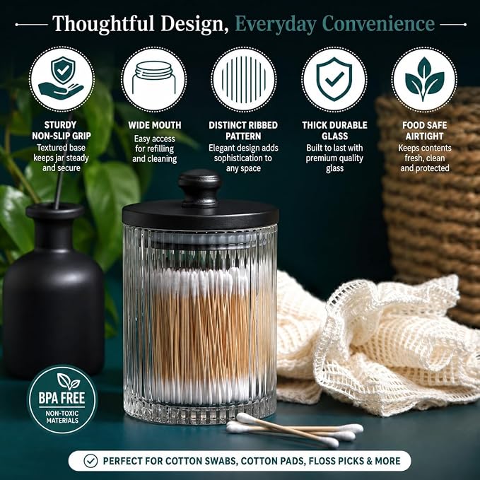 Mason & Fable Ribbed Glass Bathroom Jars | Set of 2 Farmhouse Style Storage Canister with Airtight Black Wooden Lids | Cotton Pad/Swab/Q tip Holder/Bath Salt/Clear Vanity
