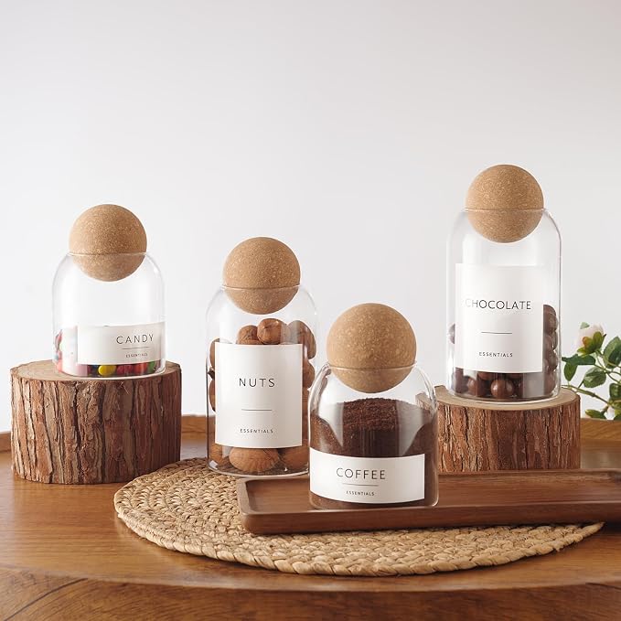 3 Pack Glass Jars with Cork Ball Lids, 17oz Tea Coffee Sugar Container Set | Decorative Coffee and Sugar Jars, Glass Coffee Bar Containers with Acacia Tray, Small Glass Storage Jars, Sugar Holder