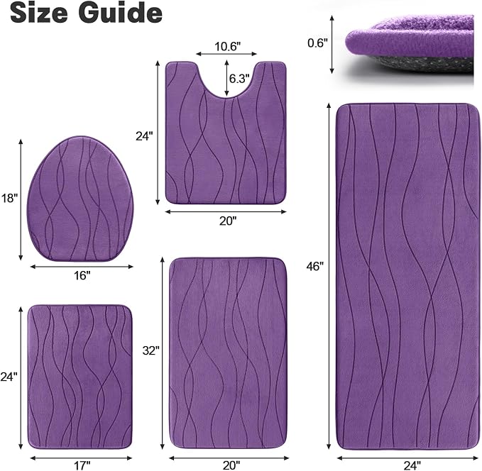 Bathroom Rugs Set 5 Piece, Memory Foam Bath Mat Purple | Ultra Soft, Absorbent, Non-Slip, Machine Washable, for Bathroom, Sink and Toilet