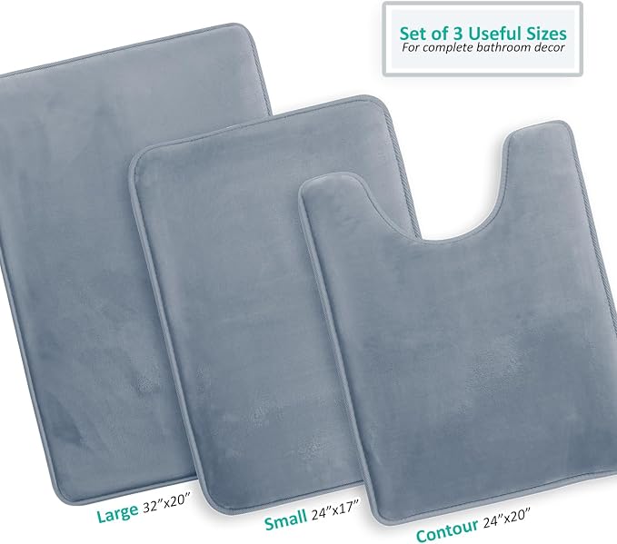 Clara Clark 3 Piece Bathroom Rugs, Velvet Memory Foam Bath Mat Set, Non-Slip Bath Rugs, Machine Wash, Dries Quickly, Ultra Soft Plush Bath Mats for Bathroom, 17 x 24/20 x 32 / Contour, Stone Blue