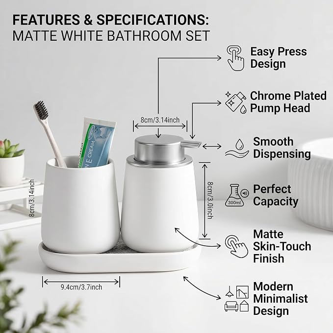 Ceramic Bathroom Accessories Set, 3 Pieces with Soap Dispenser, Toothbrush Holder, and Cup, Matte Black, Polished Finish (White)