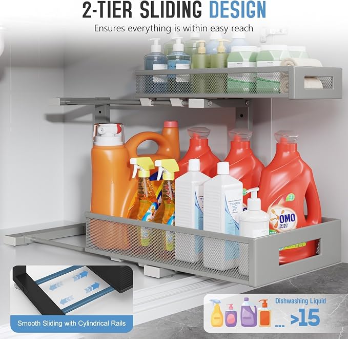2 Pack 17IN Depth Under Sink Storage Organizer, Large 2-Tier Elegant Mesh Pull Out Shelf for Kitchen and Bathroom Cabinet Organization, L-Shaped and Adjustable Height Design-Gun Gray