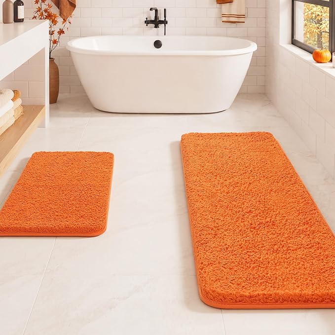 MIULEE Fall Orange Bathroom Rugs Set 2 Piece Soft Bath Mats 16x24+16x48 in | Soft Absorbent Microfiber Bath Rugs, Non Slip, Quick Dry, Fluffy Bath Rugs for Bathroom Floor Tub Showers, Machine Washable
