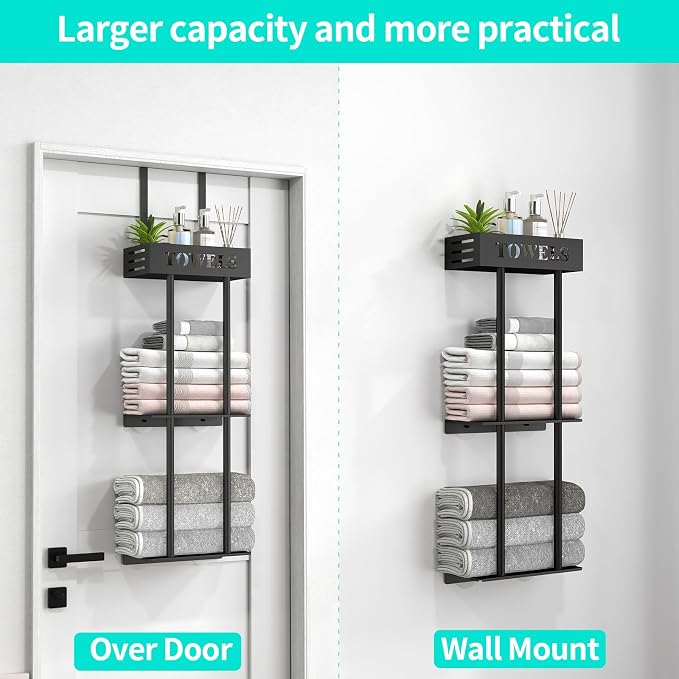 Over The Door Towel Rack, 3 Tier Hanging Towel Rack for Bathroom Stainless Steel, Over Door & Wall Mounted Towel Holder with Shelf Basket, Towel Storage for Small Bathroom, Black
