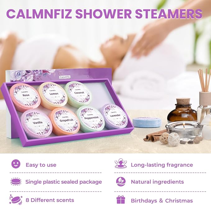 CalmNFiz Shower Steamers Self Care Gifts 2 * 8 Pack, Green & Purple | Birthday Gifts for Women, Mom, Wife, Friend, Teacher, Shower Bombs Essential Oil Tablets 8 Fragrances, Self-Care Relaxation