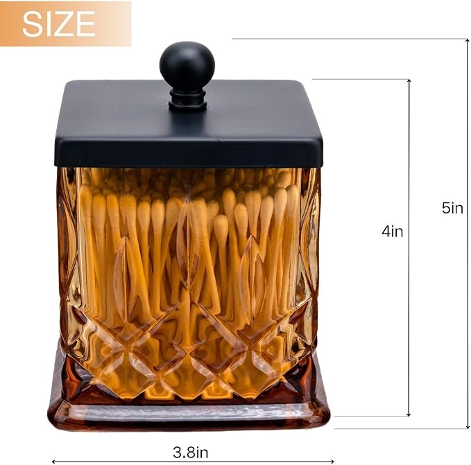 15Oz Amber Glass Q-Tip Holder, Thick Glass & Matte Black Lid | Square Design, for Q-Tips, Cotton Pads, Jewelry, Candy, Square