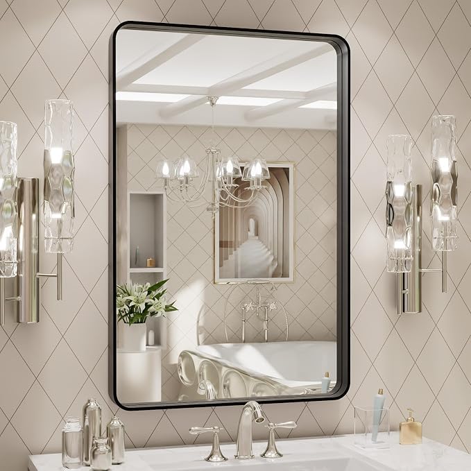 LOAAO 20X28 Inch Black Metal Framed Bathroom Mirror for Wall, Matte Black Bathroom Vanity Mirror Farmhouse, Anti-Rust, Hangs Horizontally or Vertically | Matte Black, Anti-Rust, Hangs Horizontally or Vertically