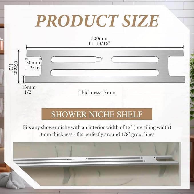 Teenyyou 2 Pcs 316 Stainless Steel Shower Niche Shelf Insert - 3mm Ultra-Thin Brushed Metal Divider for 12" Prefabricated Niches, Marine Grade Floating Shelf for Bathroom Tile Remodel & Storage