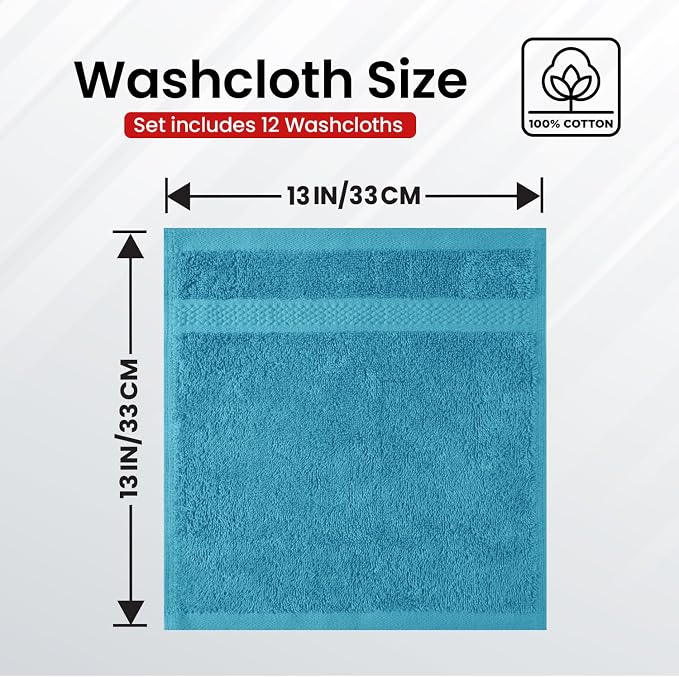 Infinitee Xclusives 100% Cotton Luxury Wash Cloths for Showering - 12 Pack | Washcloths [13x13] - Soft and Absorbent Face Towels for Bathroom Wash Clothes - Gym, Spa & Hotel Use