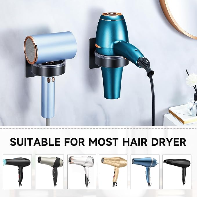 Hair Dryer Holder Wall Mounted, Blow Dryer Holder, Hair Tool Organizer for Hair Dryer Storage Hanger, Adhesive Hairdryer Holder for Bathroom Barber Shop (Black)