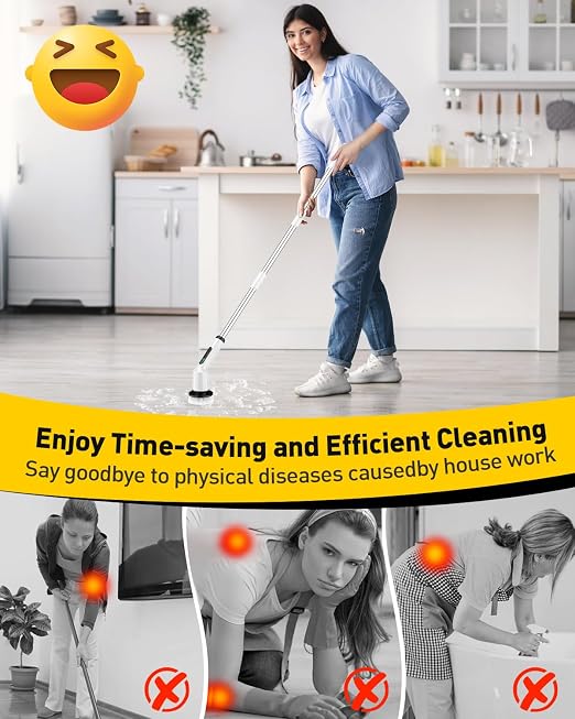 Electric Spin Scrubber for Bathroom, Shower Scrubber with Long Handle | Shower Cleaner Brushes, IPX7 Waterproof & 2 Speed, 3 Brush Heads, 90min Runtime, Bathroom Cleaning Supplies for Toilet Tub