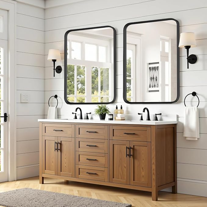 Bathroom Mirror for Wall, 30x22 Inch Rectangle Mirror, Matte Black Metal Framed Bathroom Vanity Mirror for Restroom Farmhouse, Anti-Rust, Tempered Glass, Horizontally or Vertically Hanging