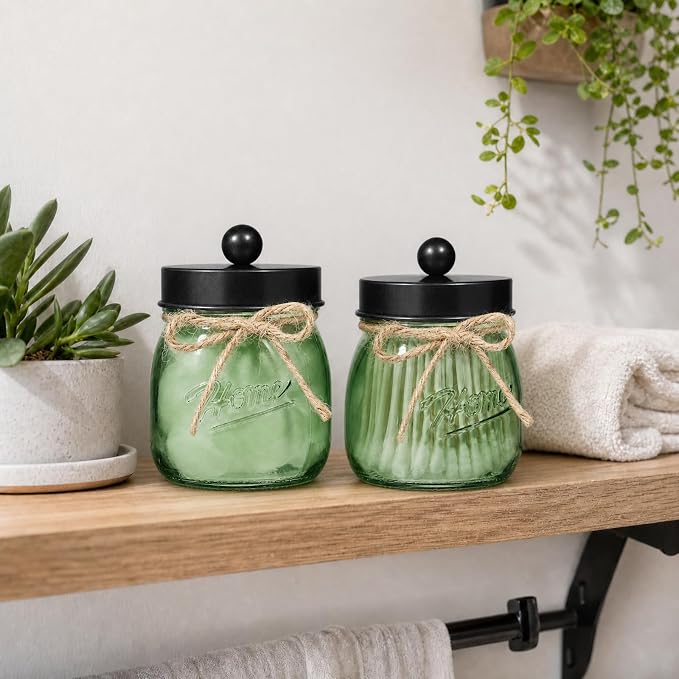 SheeChung 3 Pack Green Glass Mason Jar Qtip Holder Dispenser, Black Lids | Apothecary Jar Canisters Set,Stainless Steel Lids,Small Bathroom Jars,Vanity Storage Organizer for Cotton Swab,Ball,Pad,Floss