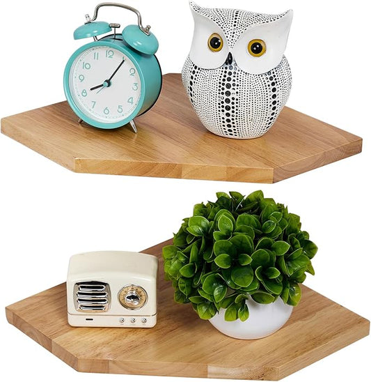 Corner Wall Shelves, Corner Floating Shelves Set of 2 Solid Oak Wood Display Shelf with Wire Hole Small Plant for Kitchen Living Room Natural