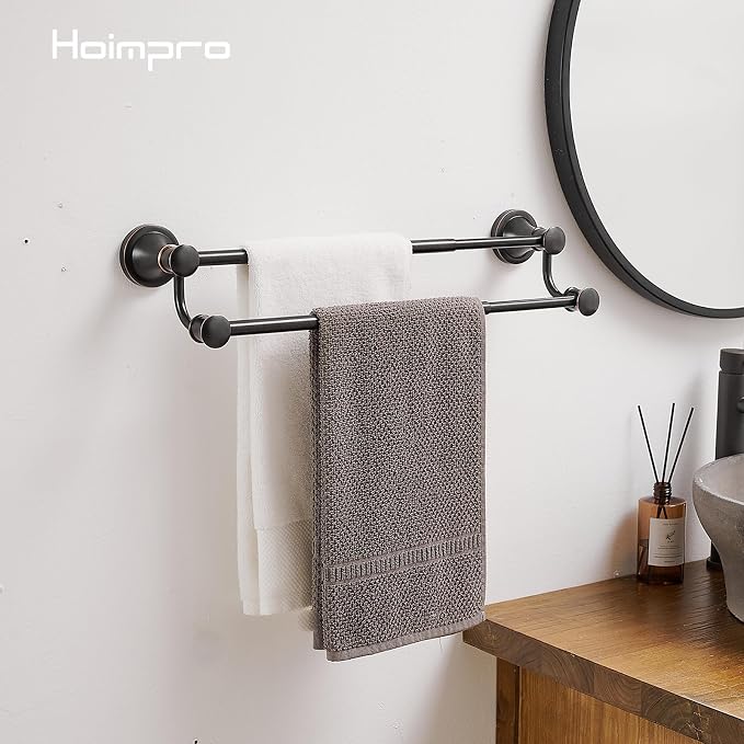 Hoimpro Adjustable Retractable 15-27 Inches Stainless Steel Bathroom Towel Bar, Bathroom Accessories Bath Hotel Double Towel Bar Rod Hanger Wall Mounted Towel Holder Towel Rack, Oil Rubbed Bronze