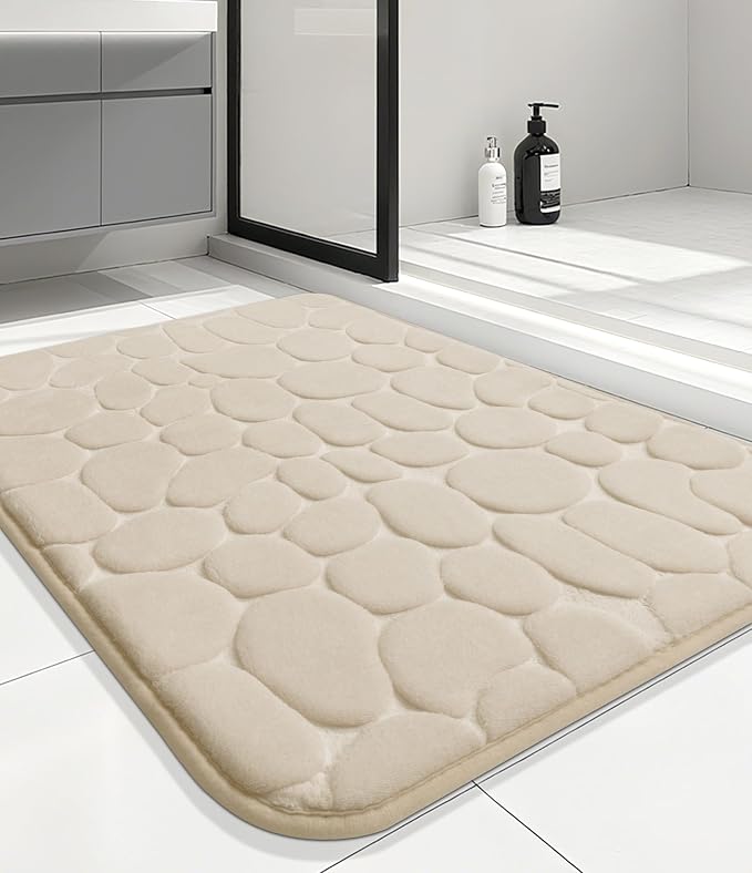 YIHOUSE Memory Foam Runner Rug, Cobblestone Bathroom Runner Rugs Super Water Absorbent Bath Mats for Bathroom Machine Washable Bath Rugs for Hallway Bedroom Laundry Room(20 x 47,Khaki)