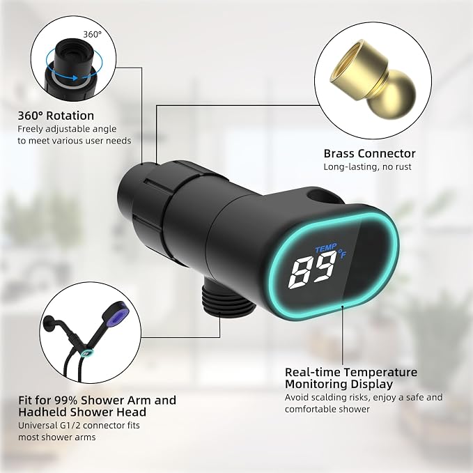Hibbent Upgraded Metal Shower Head Holder with LED Display Shower Thermometer, Adjustable Shower Arm Mount for Handheld Shower Head, Universal Shower Head Bracket, Solid Brass Pivot Ball, Matte Black
