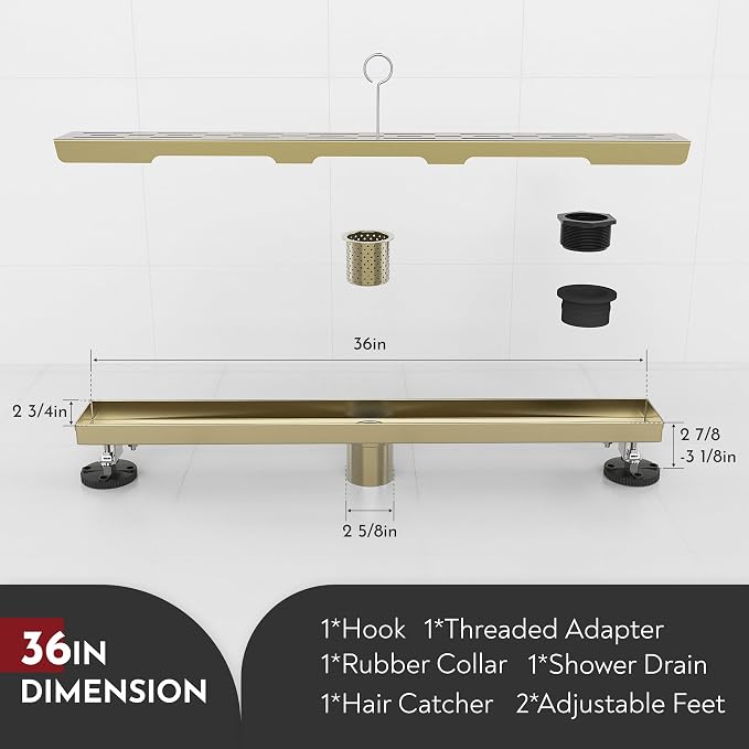 WEBANG 36 Inch Linear Shower Drain Rectangular Floor Drain with Accessories Rainline Pattern Cover Grate Removable SUS304 Stainless Steel CUPC Certified Brushed Gold