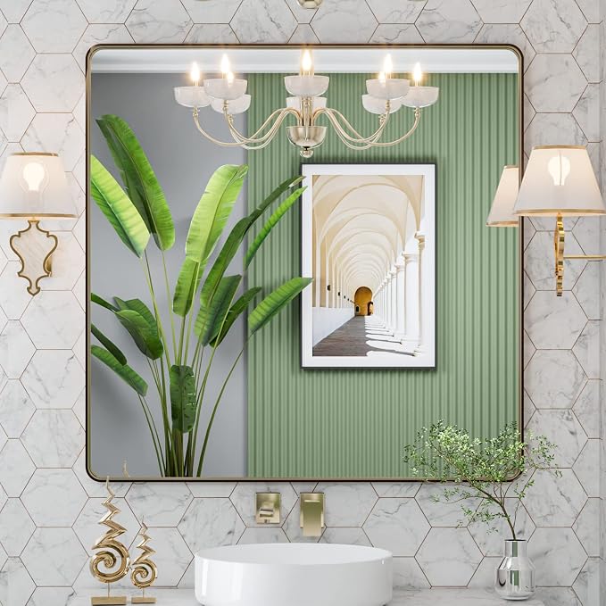 LOAAO 36"X36" Bronze Bathroom Mirror | Rounded Rectangle, Brushed Bronze Metal Frame, Anti-Rust, Tempered Glass, Hangs Horizontally or Vertically