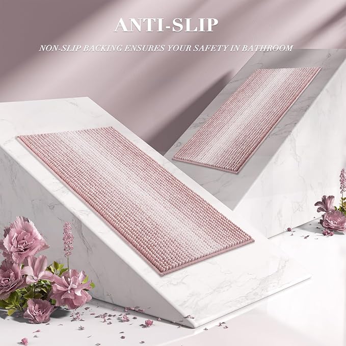 Bathroom Rugs Sets 2 Piece, Non Slip Striped Bath Mats, Mist Pink | 20"x47" Plus 16"x24", Soft Absorbent Chenille, Quick Dry Machine Washable, Shower Rug for Bathroom Floor, Tub, Bedroom Decor