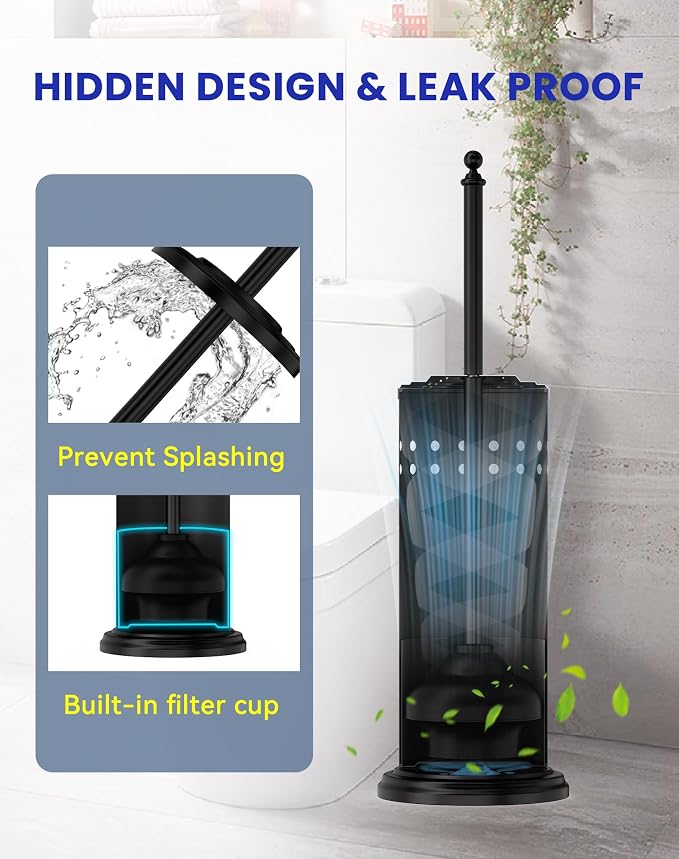 Dowry Toilet Plunger with Holder for Bathroom Black | Hidden Toilet Bowl Cleaners Long Handle with Cover Powerful Force Suction Cup Heavy Duty Deep Cleaning